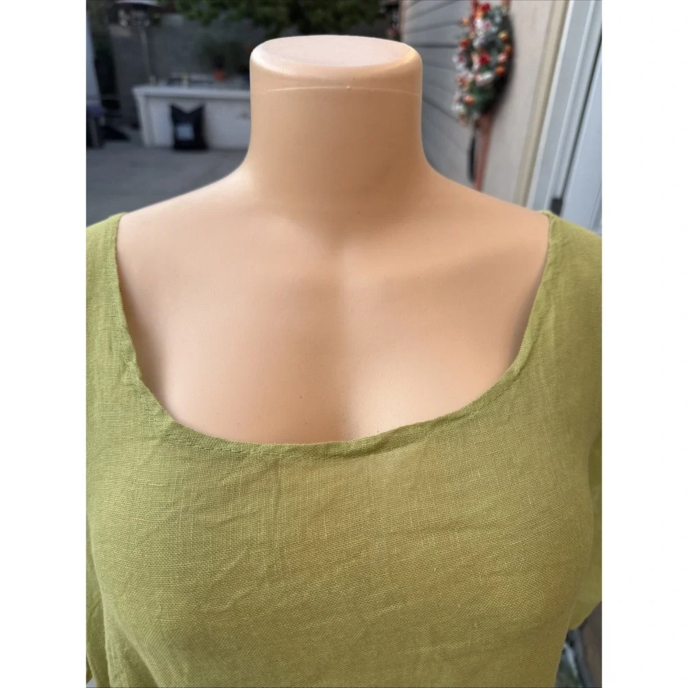Made in Italy Linen Lagenlook Tunic Dress Chartreuse Asymmetrical Ruched Yellow